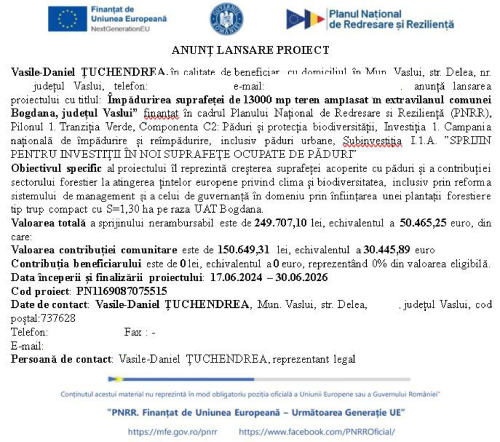 Anunț lansare proiect PNRR „Împădurirea suprafeței de 13000 mp teren amplasat în extravilanul comunei Bogdana, județul Vaslui